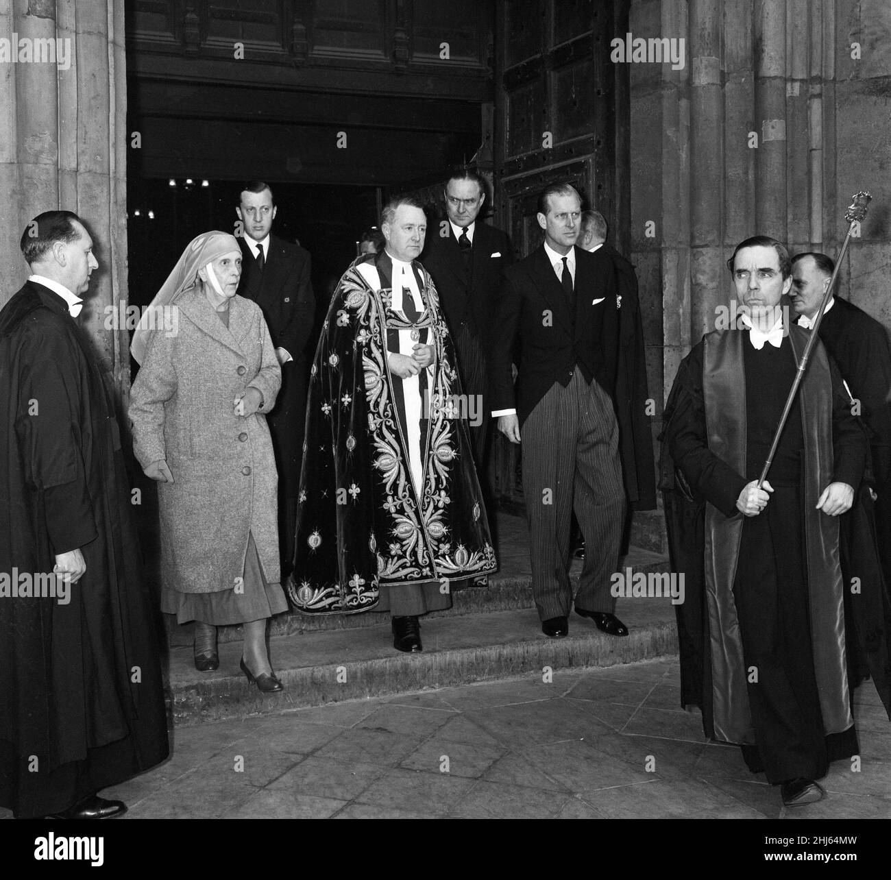 Memorial Service for Edwina Mountbatten, Countess Mountbatten of Burma at Westminster Abbey. Prince Philip, Duke of Edinburgh with his mother, Princess Alice. 7th March 1960. Stock Photo