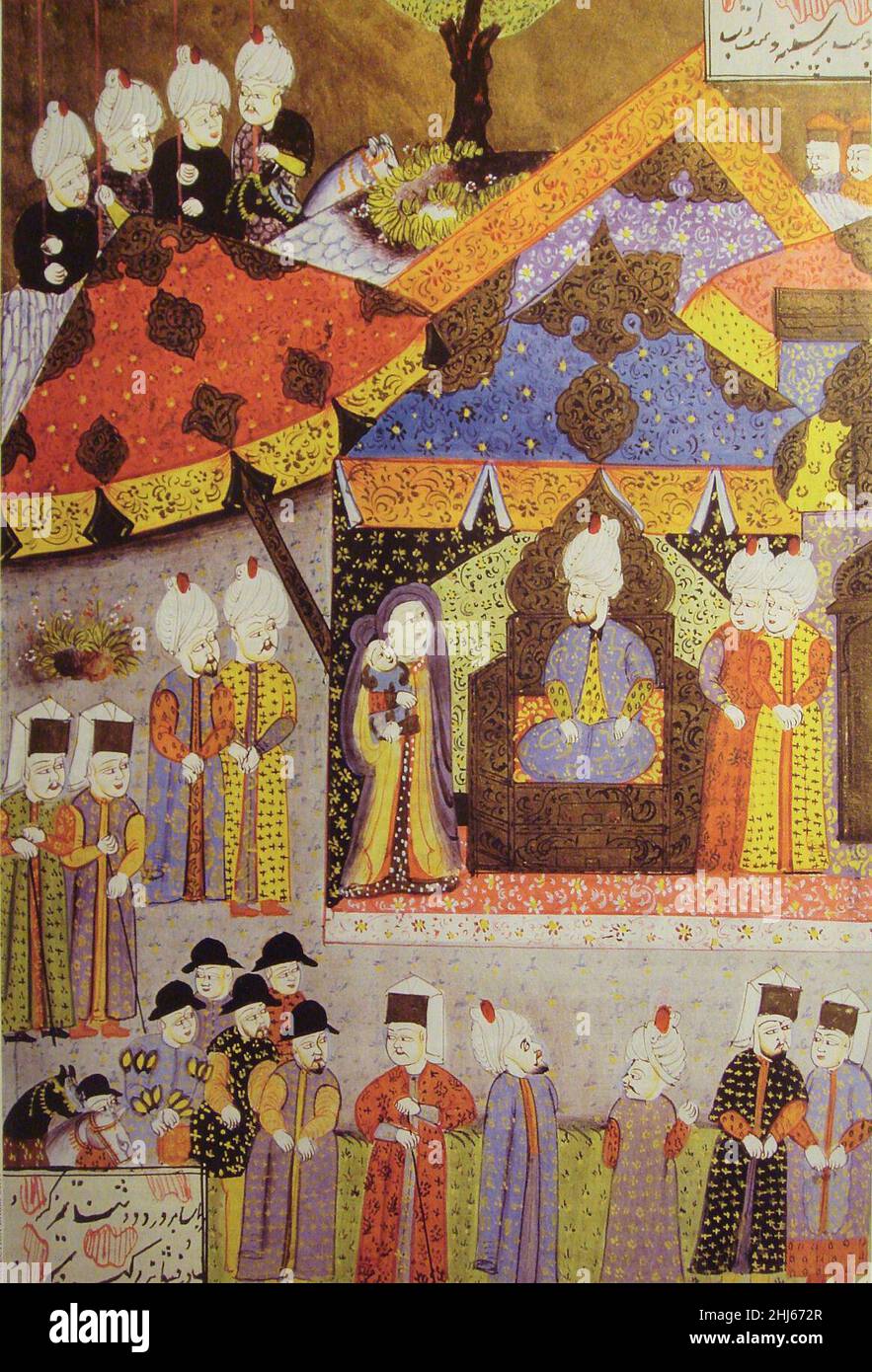 Suleiman receiving Isabella and her son Sigismund circa 1540. Stock Photo