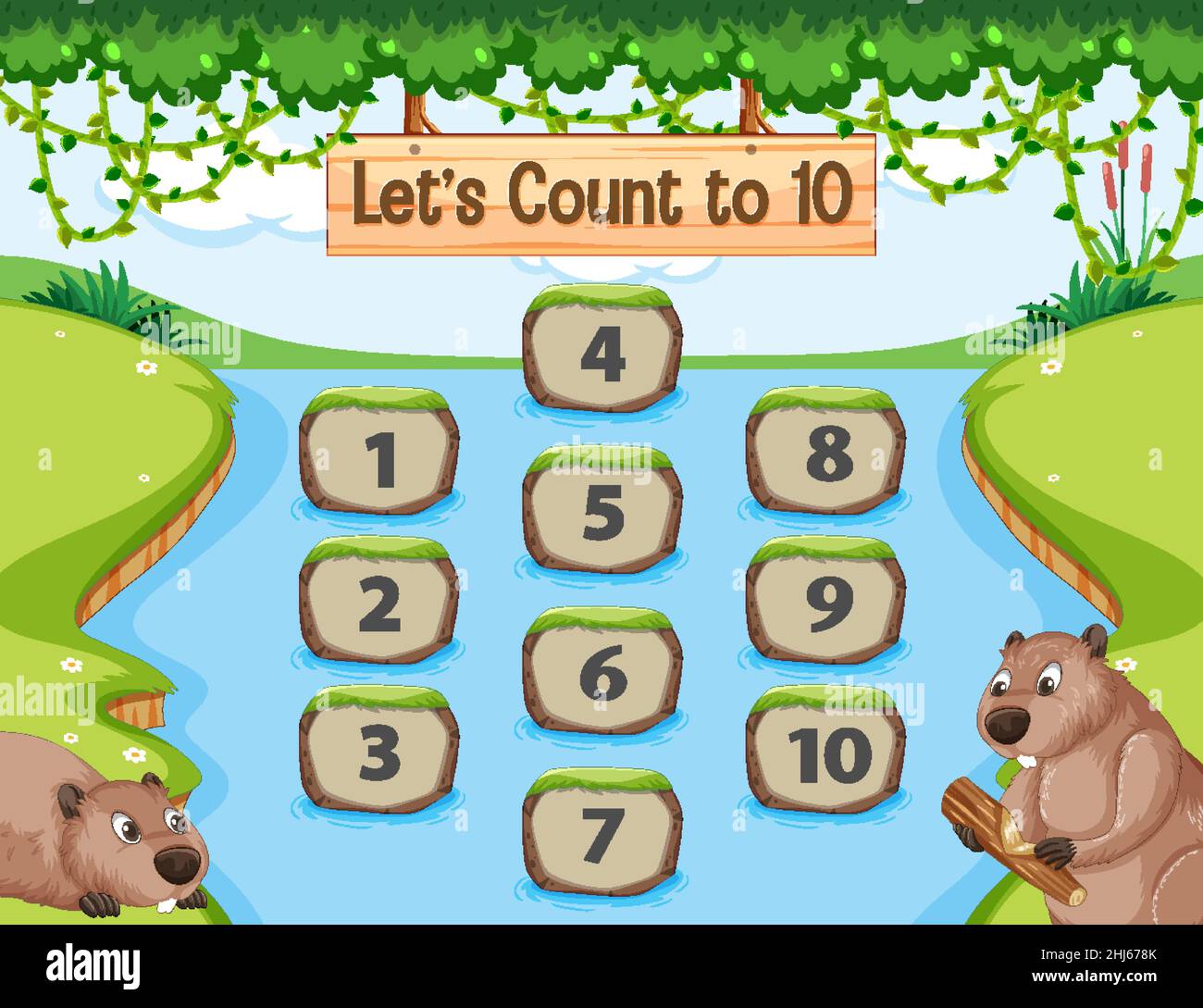 Forest scene with Let's count to 10 game template illustration Stock ...