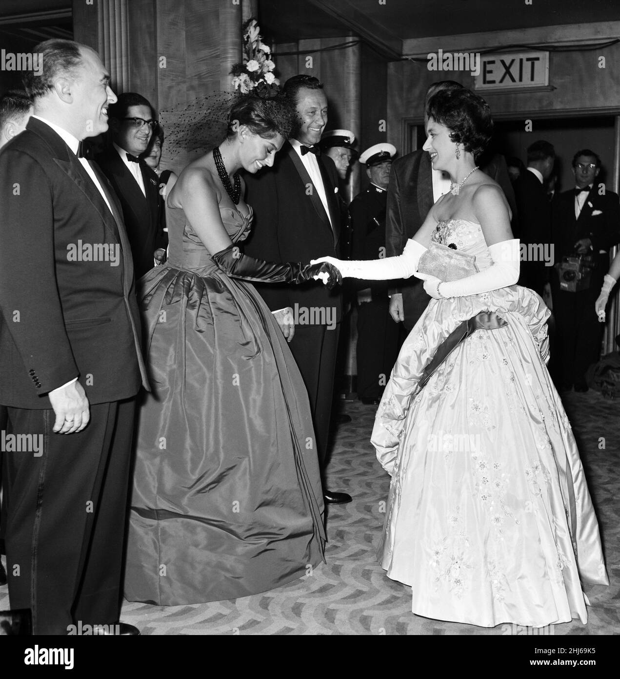 Variety Club charity premier of 'The Key', Odeon Leicester Square, London. Sophia Loren being presented to Princess Margaret, on Sophia's left is William Holden. 29th May 1958. Stock Photo