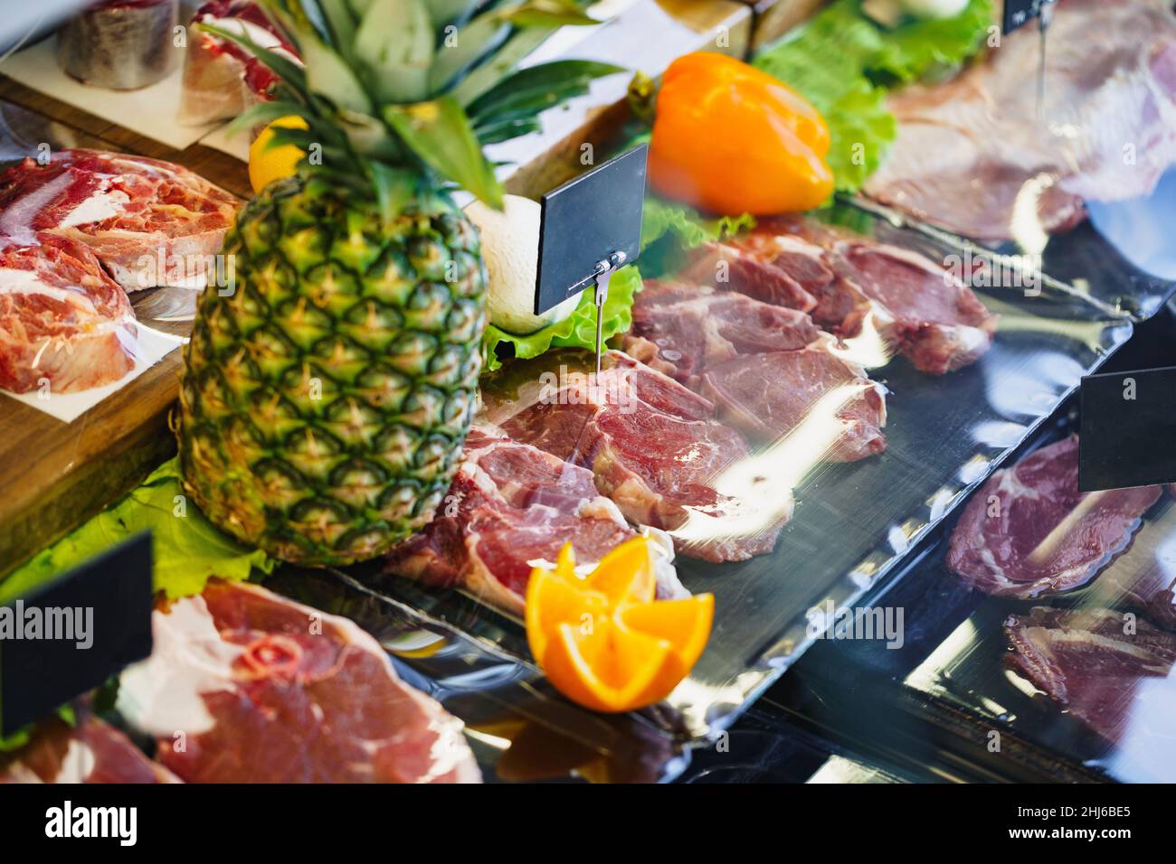 Fresh raw good quality meat on counter in Butcher shop Stock Photo Alamy