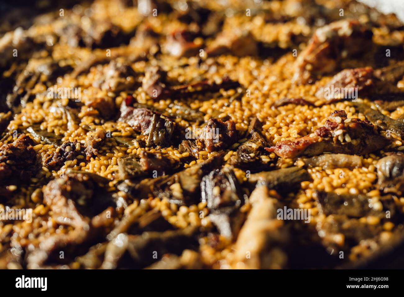 Closeup of a tasty Spanish meal paella with rabbit, chicken and ...