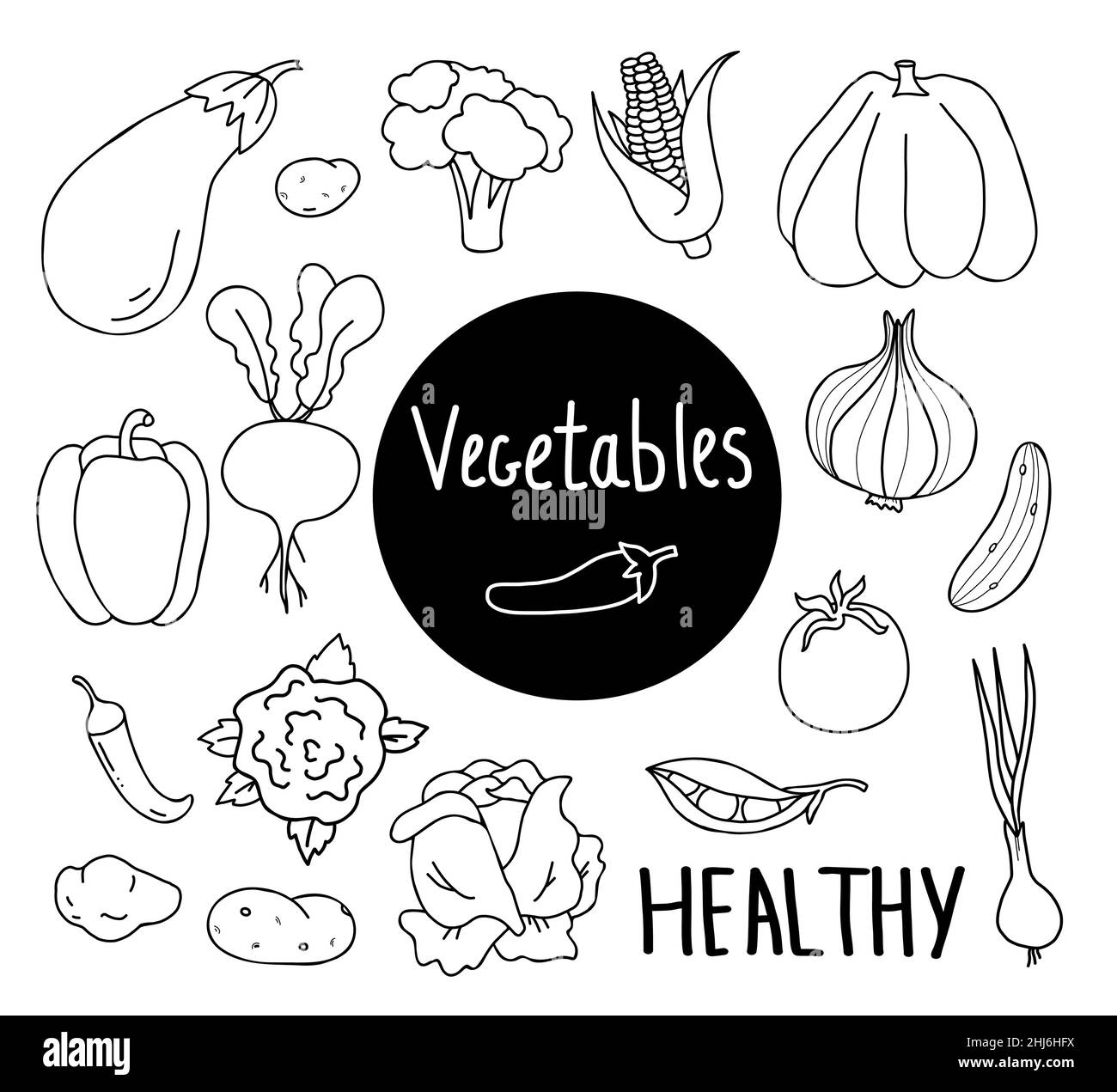 Set of vector vegetables. Eggplant and corn, broccoli cabbage, pumpkin and onions, peppers and beets, cucumber and tomato, peas and chili, potatoes an Stock Vector