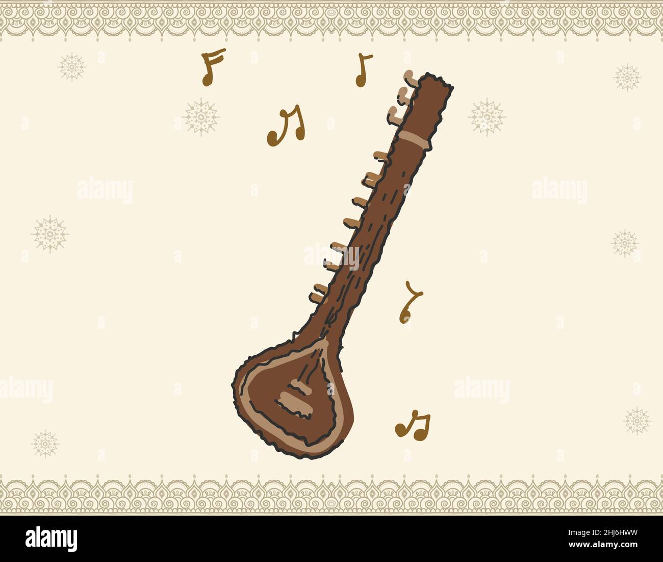 Indian Classical Music Instrument Sitar with fine design peacock head. Indian wedding of Music