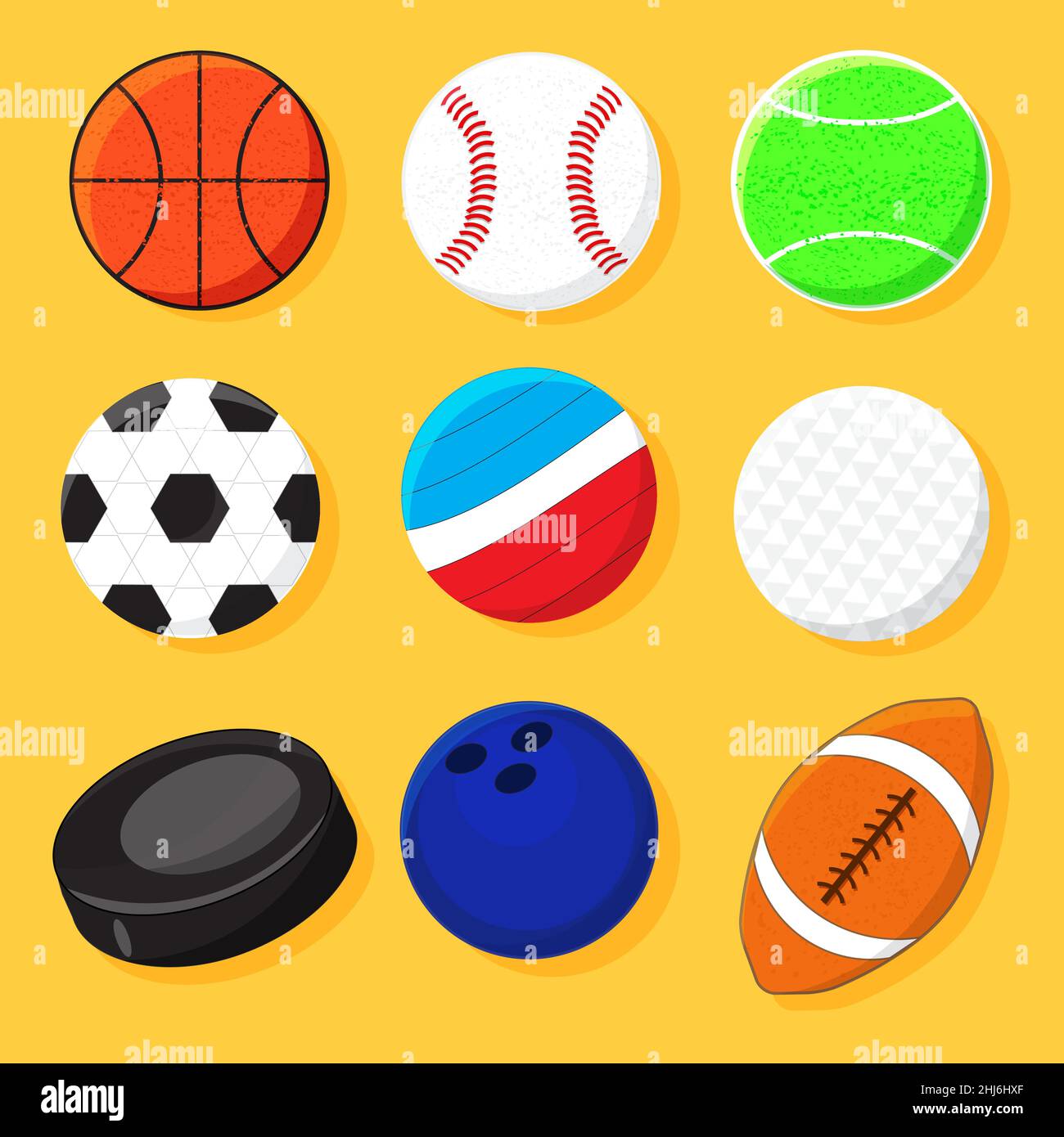 Set of different kinds of sport balls and hockey puck. Vector