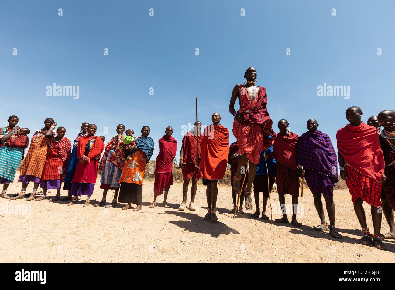 AMBOSELI NATIONAL PARK - SEPTEMBER 17, 2018: Traditional jumping dance of Masai people Stock Photo