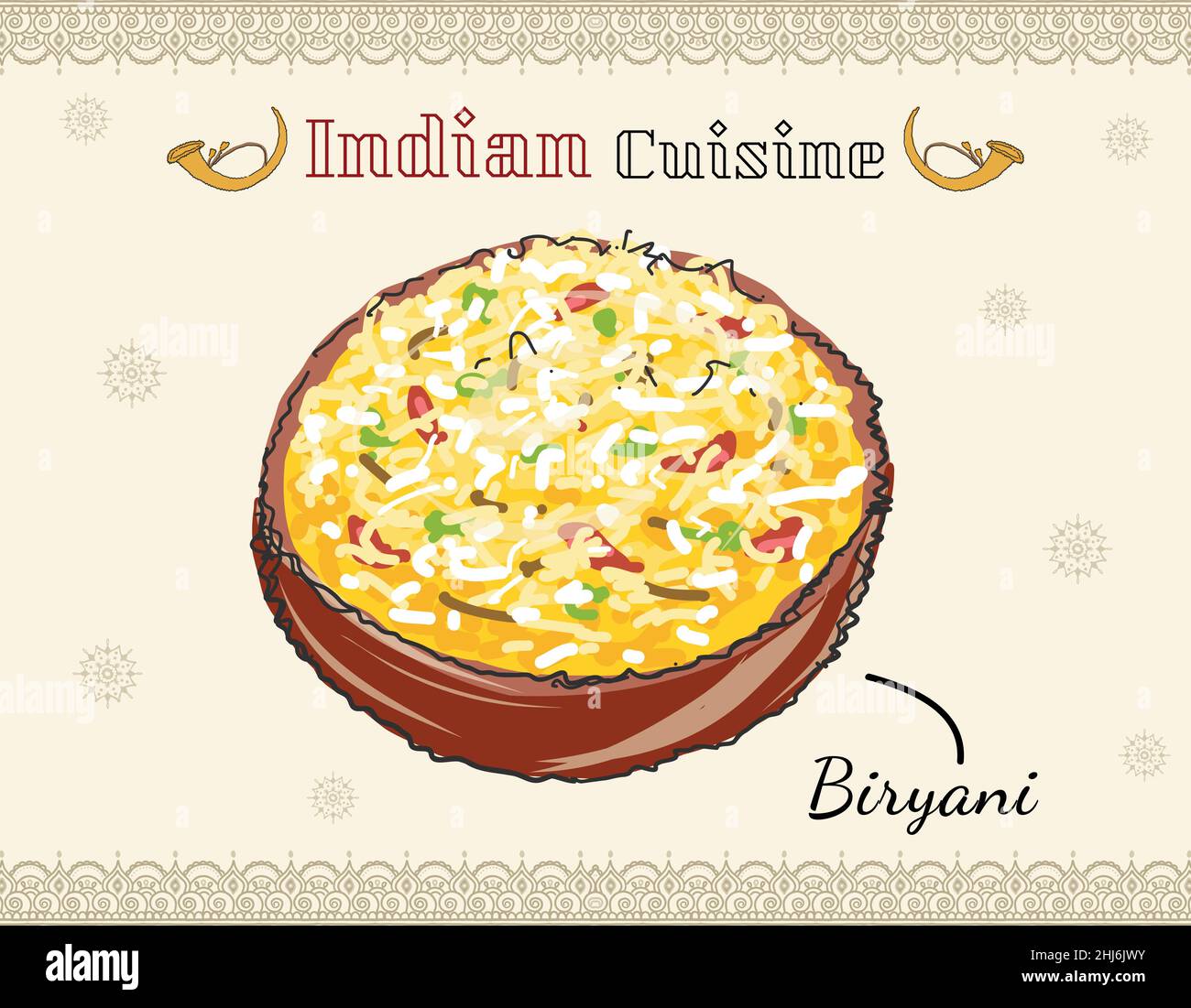 Chicken Biryani the authentic Indian Rice cuisine. Chicken Biryani, Kerala dum chicken biryani. Stock Vector