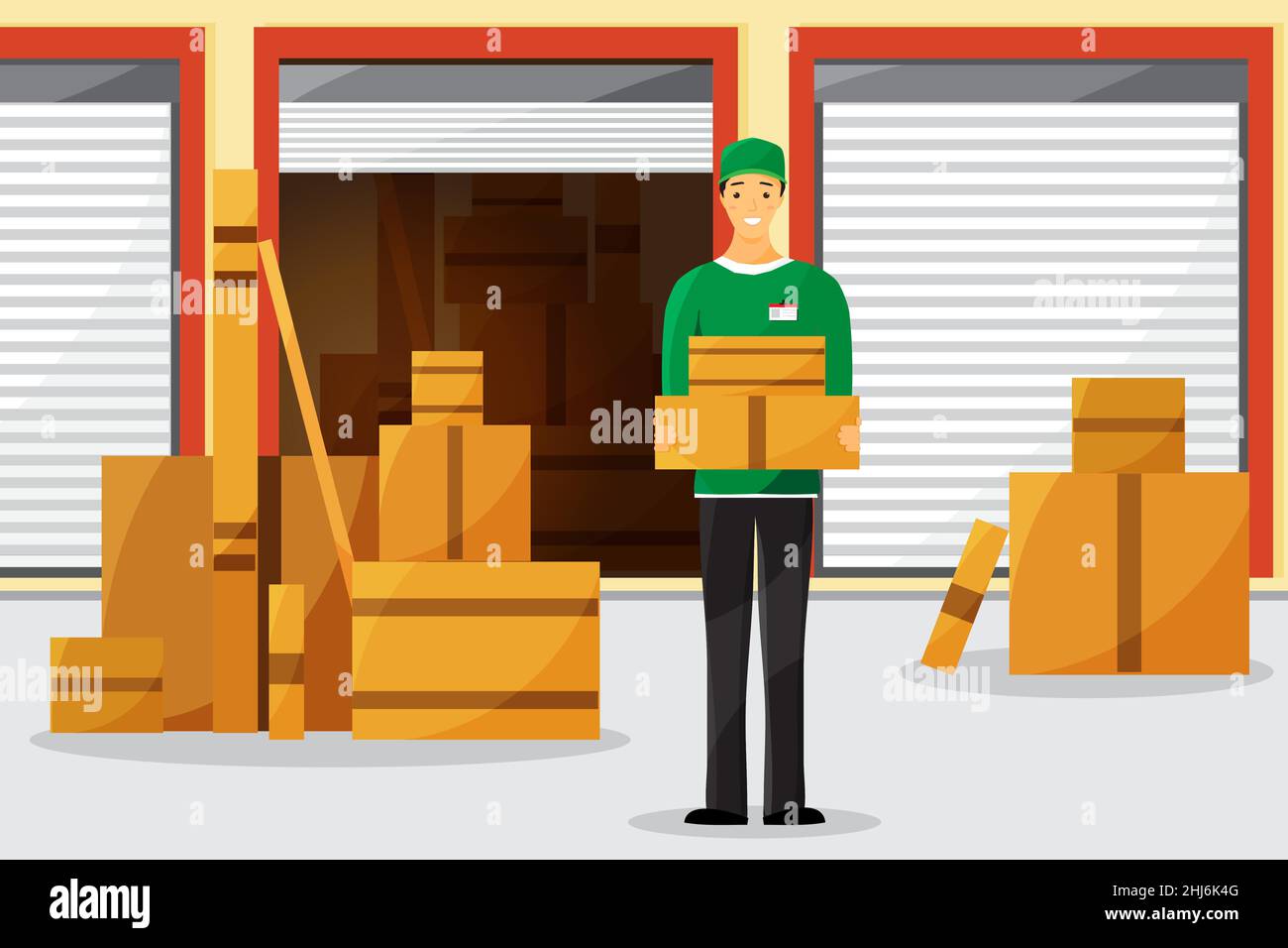 Delivery man in uniform holding a box. Storage area with opened unit
