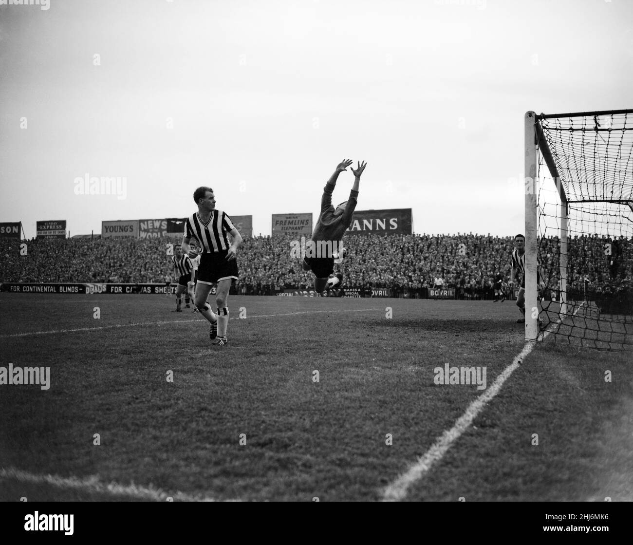 Fulham v Newcastle United, League Division One. Final score 4-3 to Fulham. Mitchell goalie saves a shot from Mullery (Fulham) watched by one of the Newcastle backs, Alf McMichael. 17th October 1959. Stock Photo