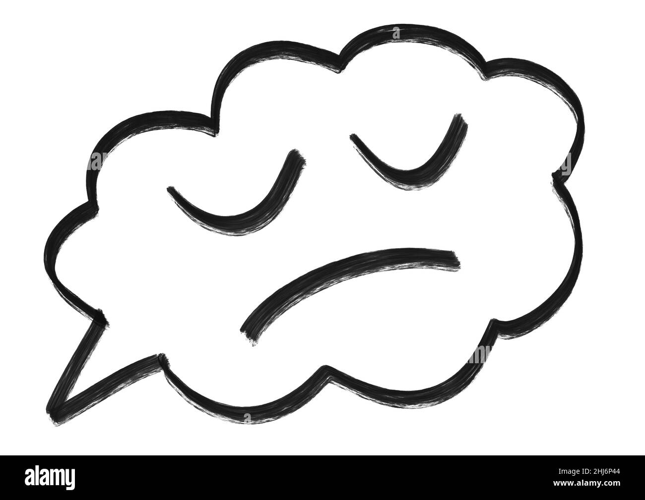 Speech bubble with closed eyes face and smiley drawn in black color on white isolated background. Sleeping cloud with emoji for chat and massage. Funn Stock Photo