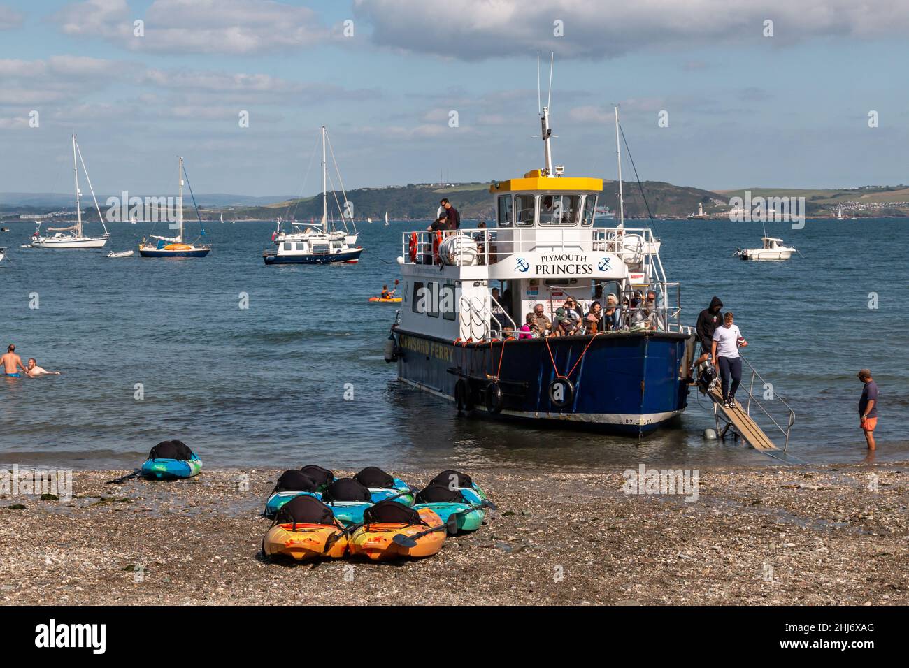 The foot ferry, The Plymouth Princess, arrives at Cawsand beach.  Cornwall, UK Stock Photo