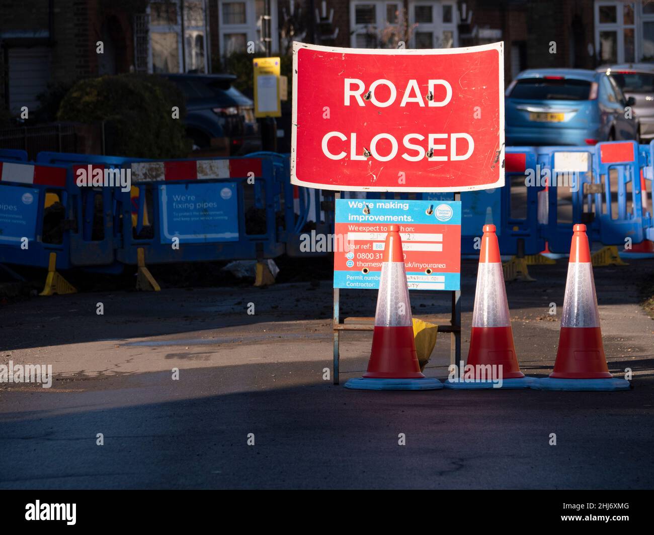 Closed road due to Thames water pipe network improvements Stock Photo ...