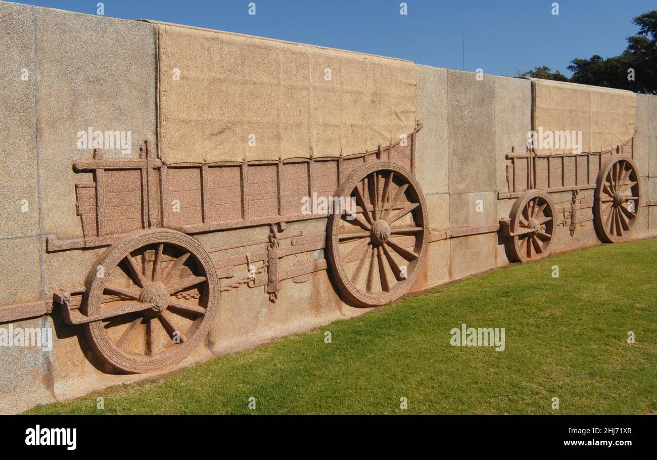 Carvings of wagon  at the Voortrekker Monument in Pretoria, South Africa. Stock Photo