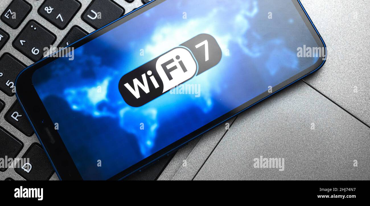 Wi-Fi 7 generation background, icon close-up. Smartphone supporting new ...