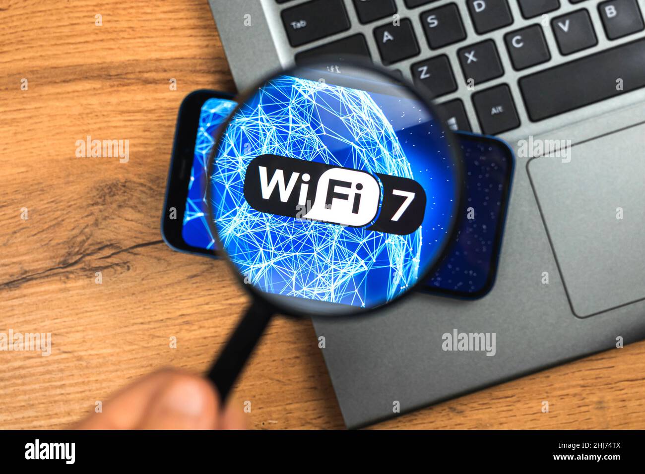 Wi-Fi 7 generation background, icon close-up. Smartphone supporting new ...