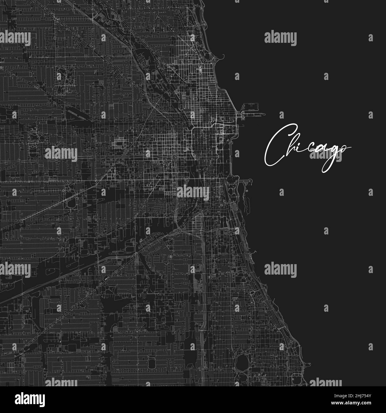 Black vector Chicago, Illinois map with City name. Art print template for decoration. Black and white. Stock vector illustration isolated Stock Vector