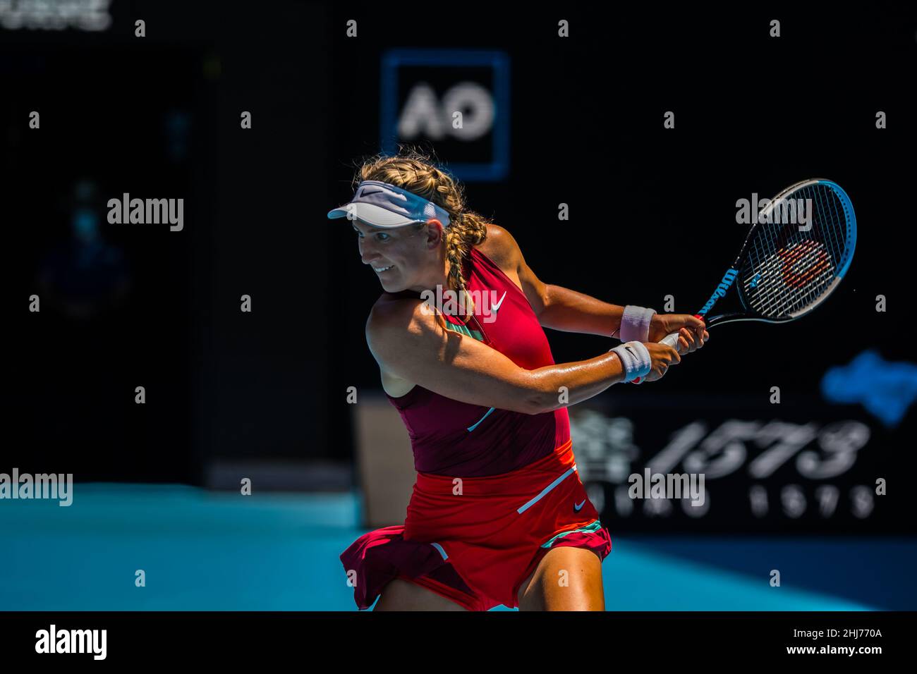 Victoria Azarenka of Belarus in action during the Australian Open 2022  Round 3 match of the Grand Slam against Barbora Krejcikova of Czech  Republic at Rod Laver Arena in Melbourne Olympic Park.Final