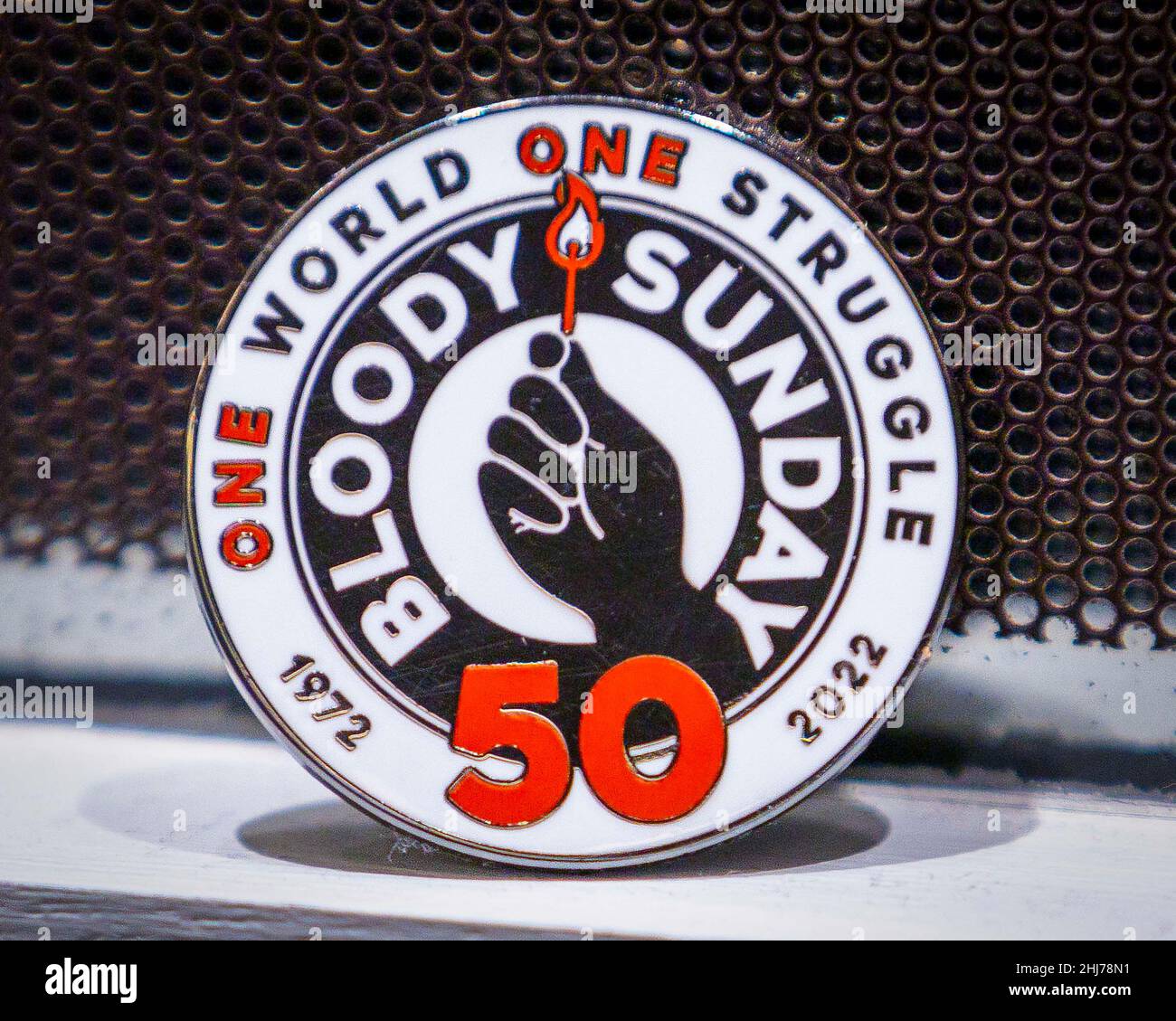 A pin commemorating the 50th anniversary of Bloody Sunday on sale at