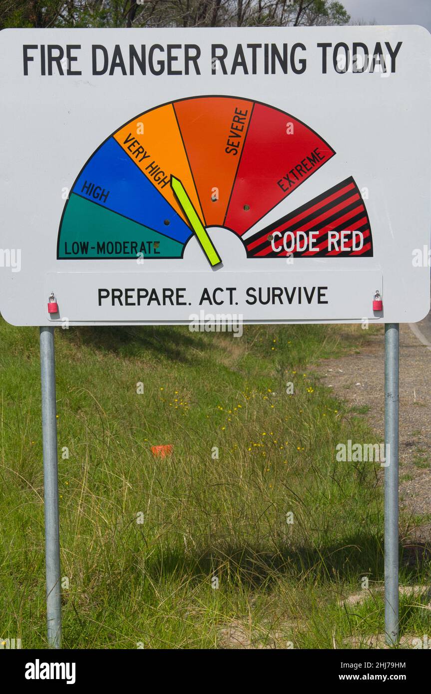 Fire danger sign indicating 'very high' in Victoria, Australia Stock Photo