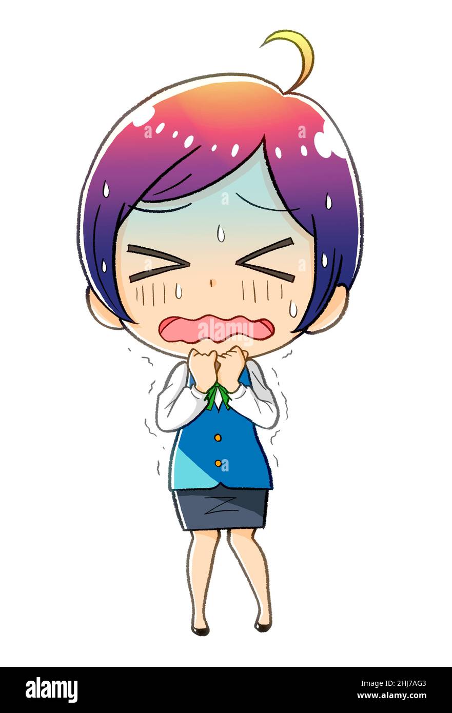 manga kawaii chibi female office worker illustration(trembling woman) Stock Photo