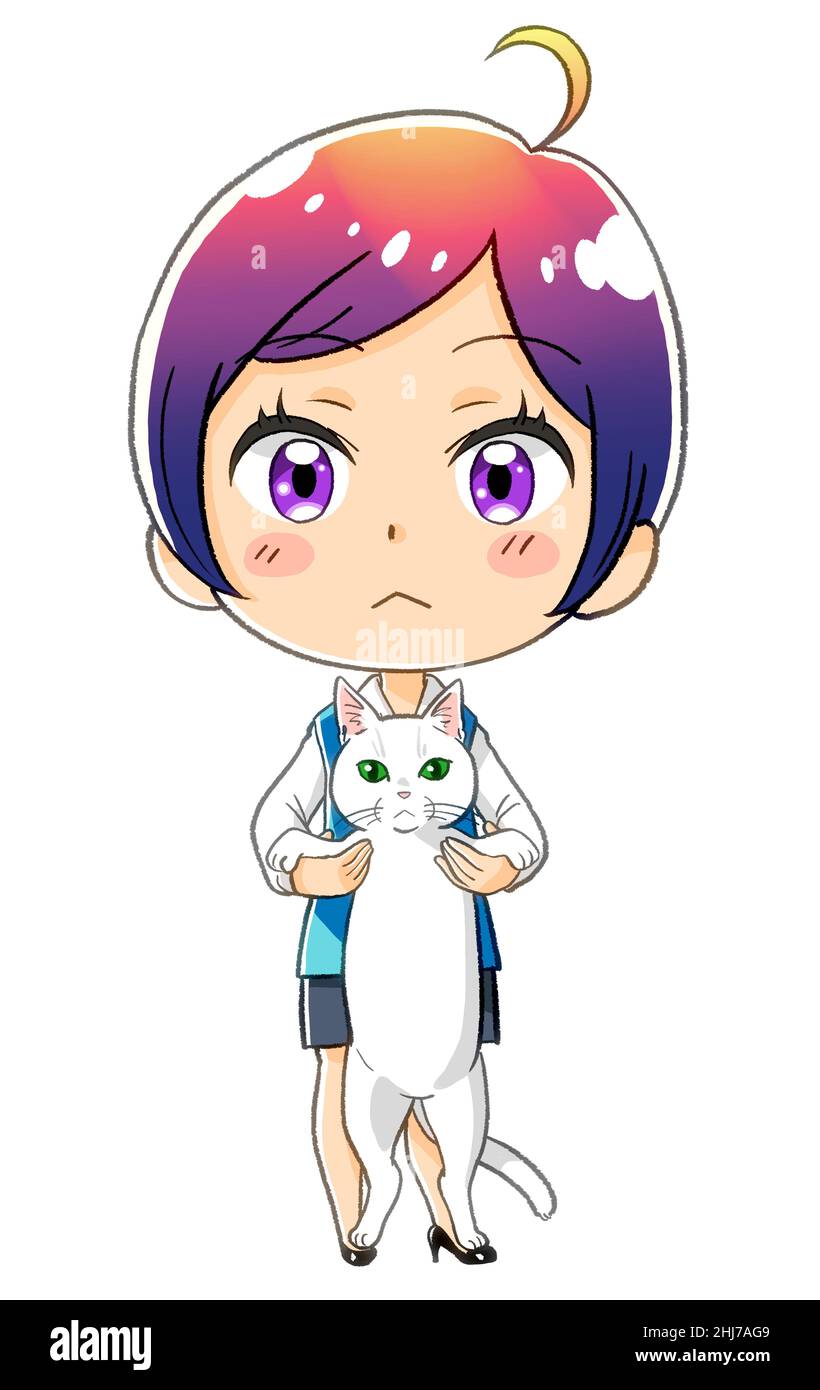 manga kawaii chibi female office worker illustration(catching a cat) Stock Photo