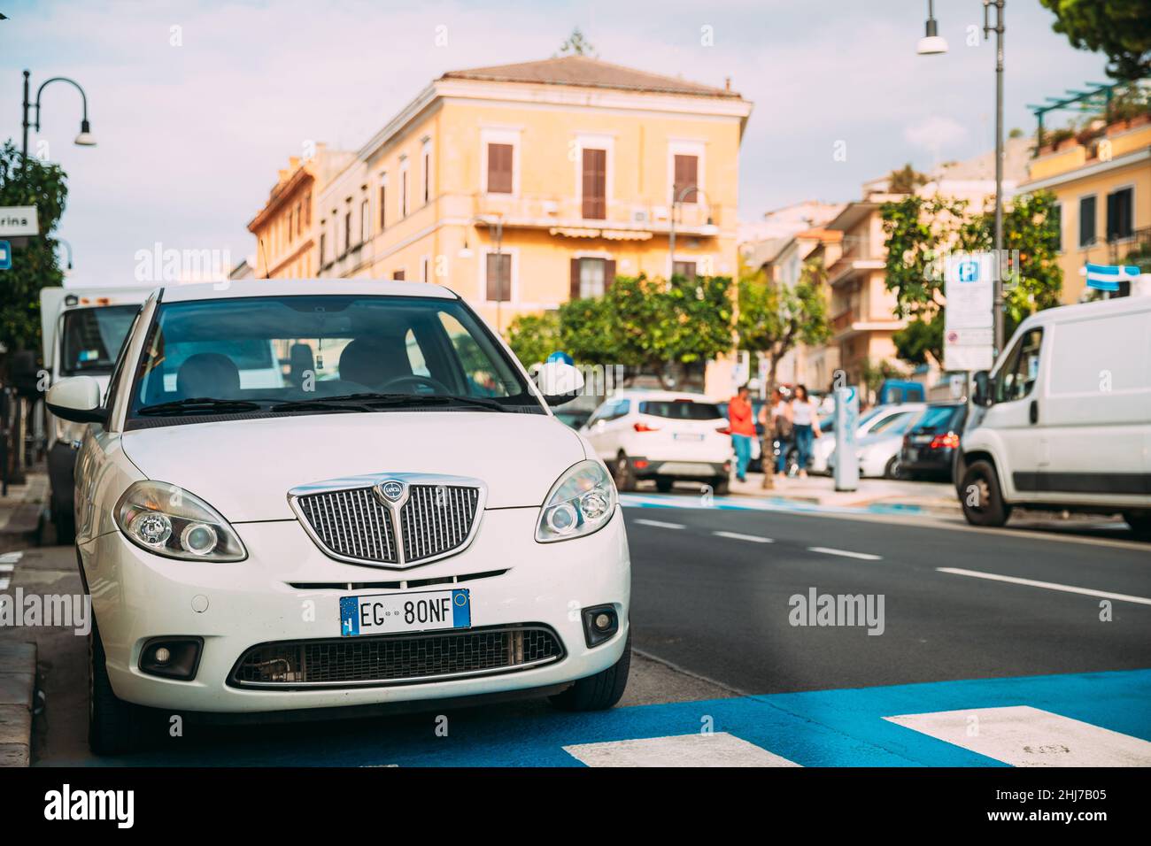 Terracina, Italy. White Color Lancia Ypsilon 843 Facelift Car Of Second Generation Parked On Street Stock Photo