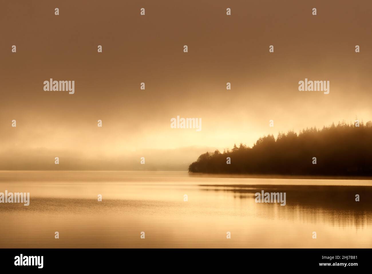 Still water and reflections in the early morning on  Windermere from Wray Castle Stock Photo