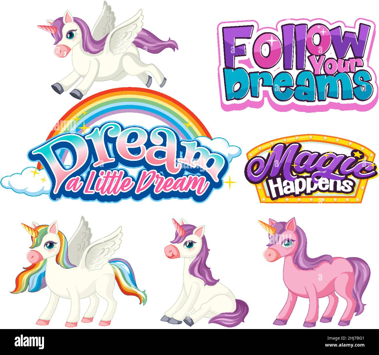 Set of unicorn fairy tales cartoon characters illustration Stock Vector