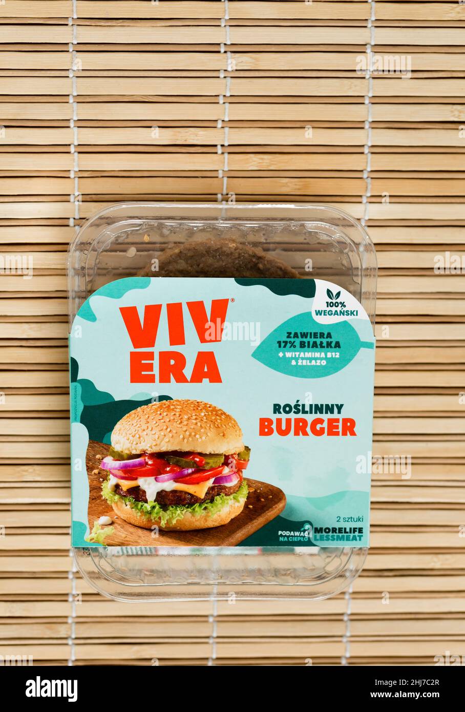 RZESZOW, PODKARPACKIE POLAND - 26 January 2022: Packaging and contents of  Plant Vege Burger VIVERA made of soybeans and wheat protein on wooden  backgr Stock Photo - Alamy