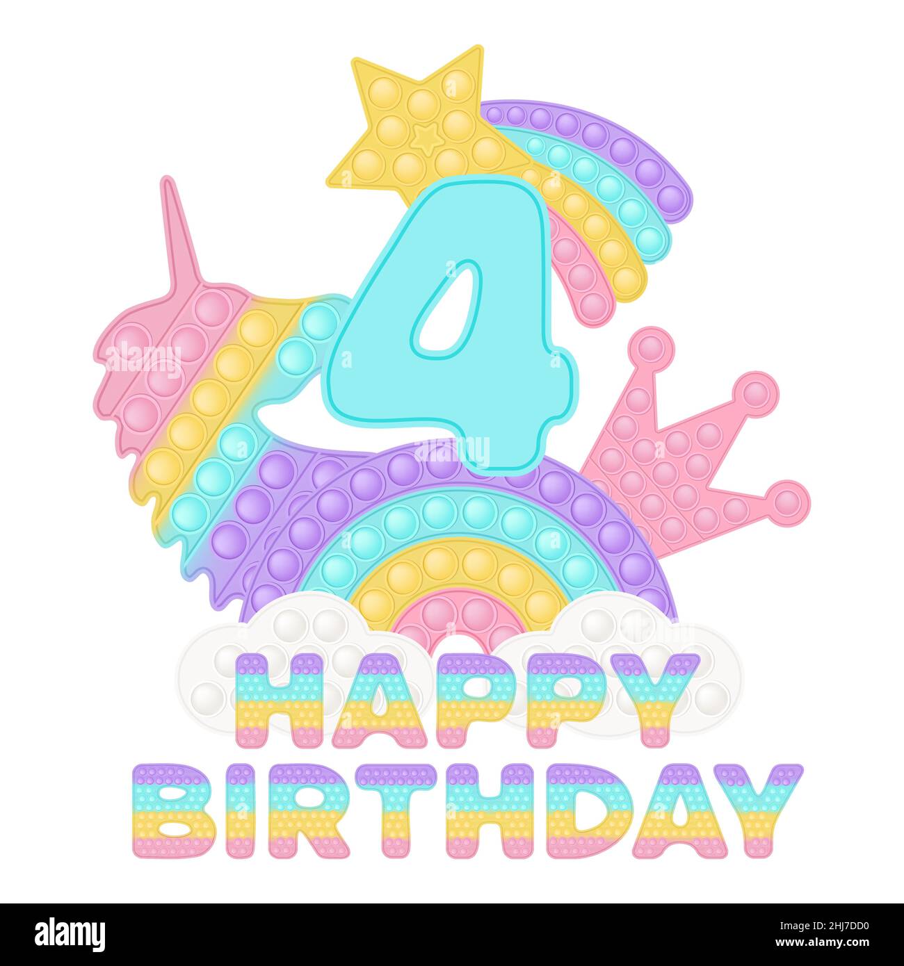 Happy 4th Birthday four years pop it topper or sublimation print for t-shirt in style a fashionable silicone toy for fidgets. Blue number, unicorn, cr Stock Vector