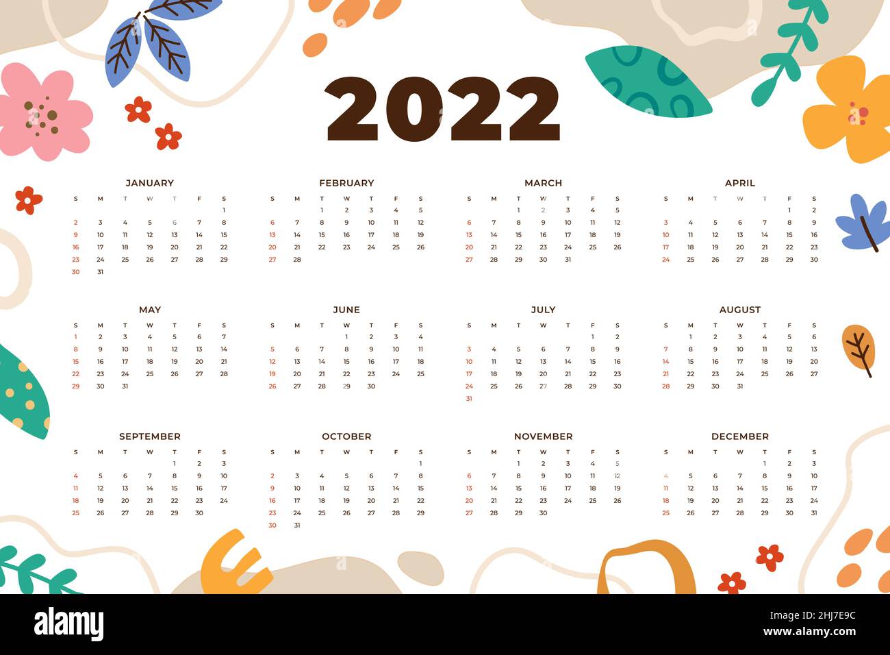 Hand drawn flat 2022 calendar template Vector illustration. Stock Vector