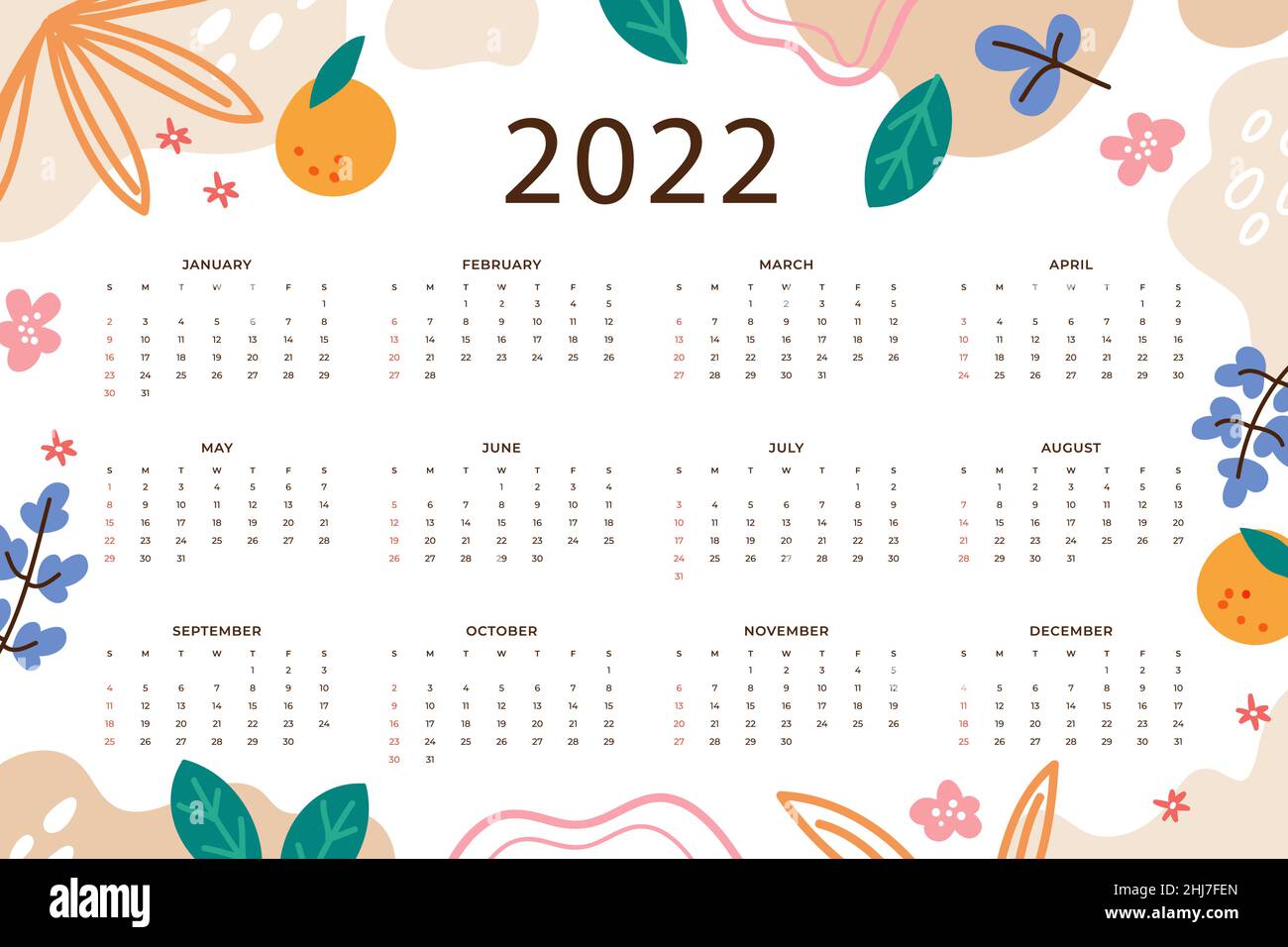 Hand drawn flat 2022 calendar template Vector illustration. Stock Vector