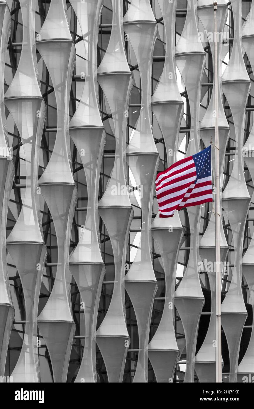 US Embassy building, United Sates of America Embassy building, American Embassy in Nine Elms, London, UK in December with stars and stripes flag Stock Photo