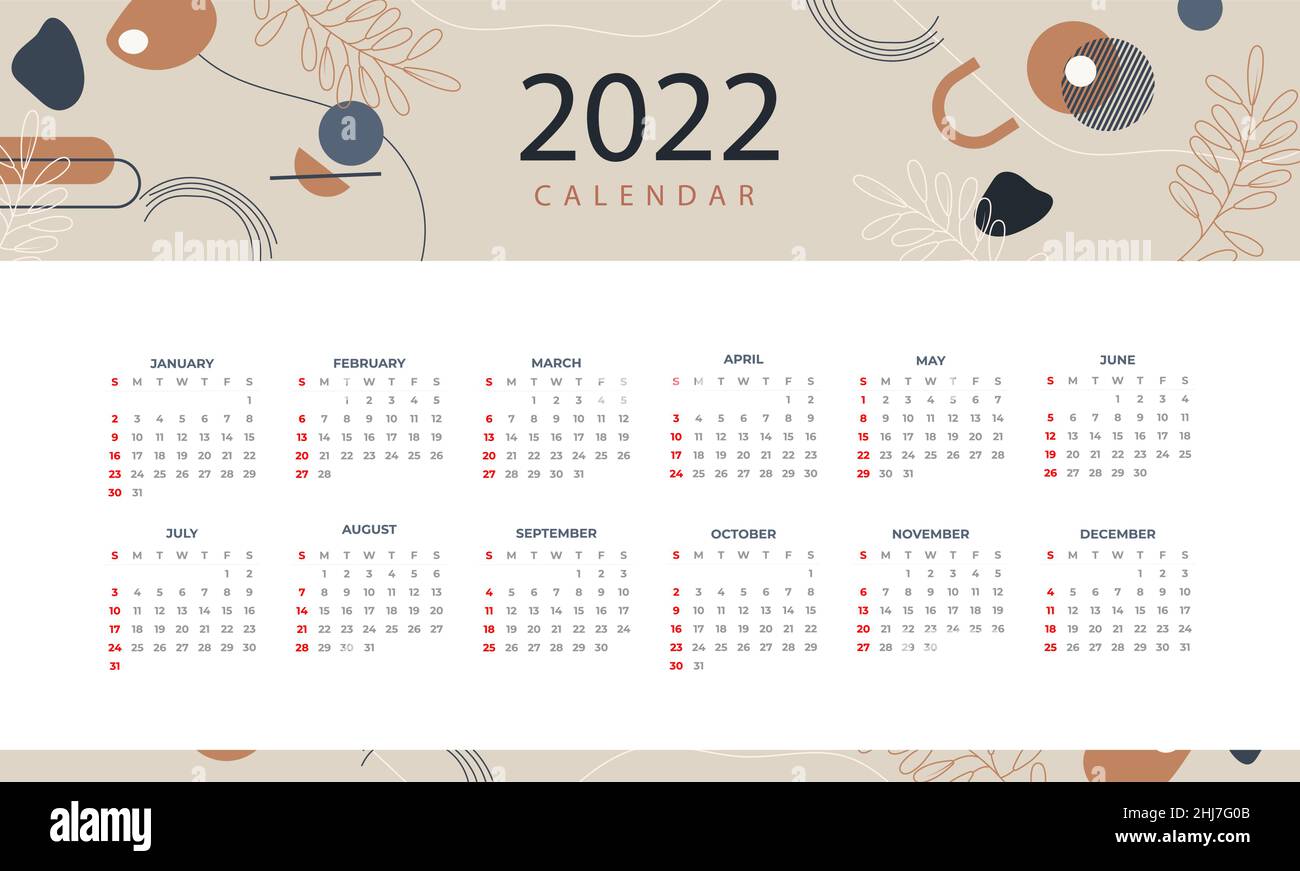 Hand drawn flat 2022 calendar template Vector illustration. Stock Vector