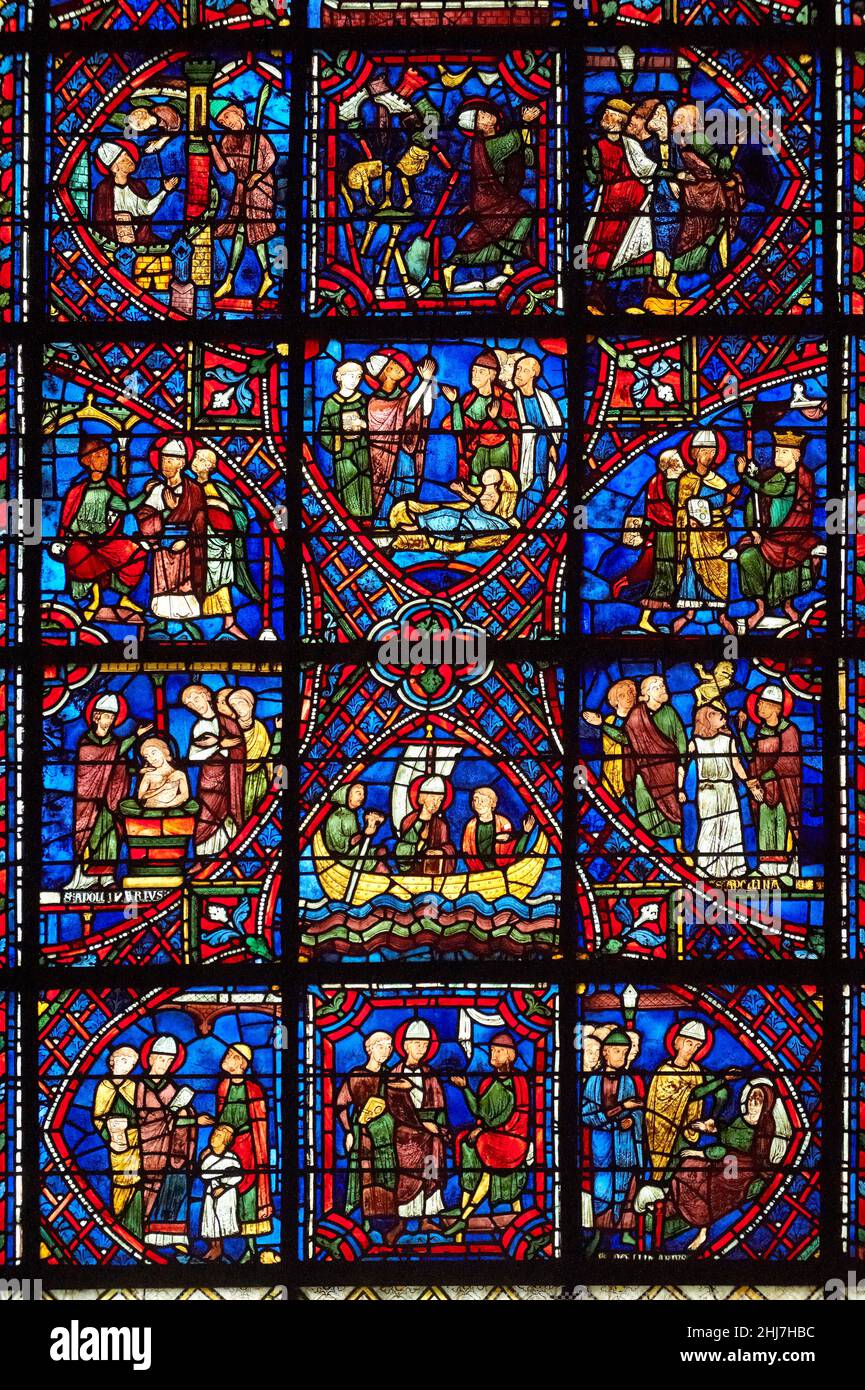 Medieval Stained Glass Window Of The Gothic Cathedral Of Chartres France Dedicated To The Life Of St Apollinarie Stained Glass Panels From Bottom Stock Photo Alamy