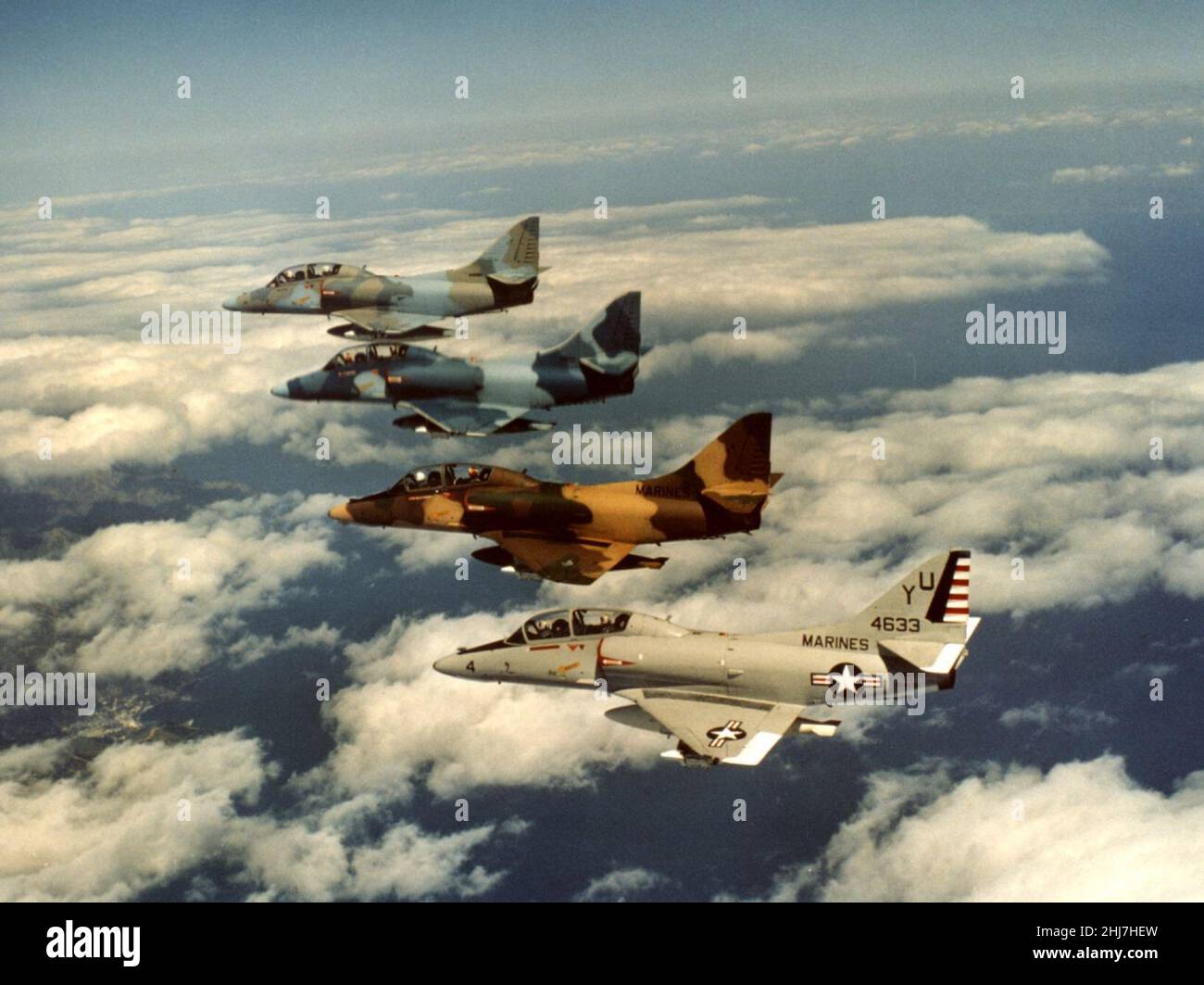 TA-4F Skyhawks of H&MS-13 in flight 1980s. Stock Photo