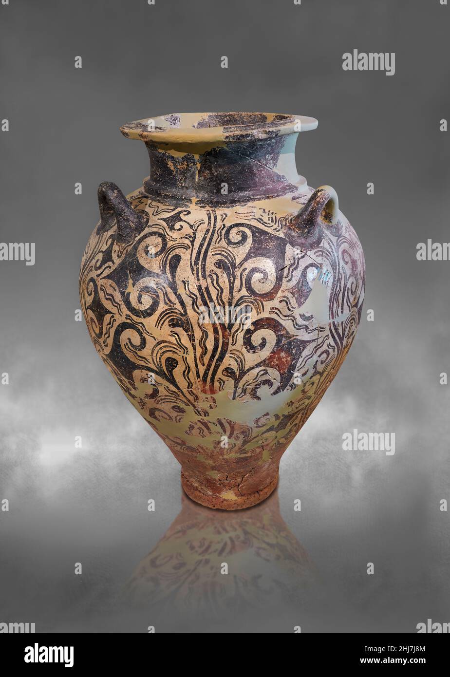 Mycenaean Palace style pottery - Piriform jar with stylised floral deign, possibly papyrus,  with water ripples. Kazarma tholos tomb, 1500-1450 BC. . Stock Photo