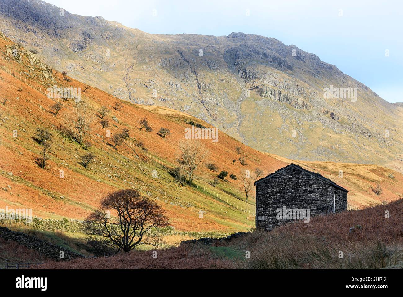 Old Barn below the Tongue at Troutbeck, Cumbria.  Stony Cove Pike and Threshthwaite Crag in the background Stock Photo