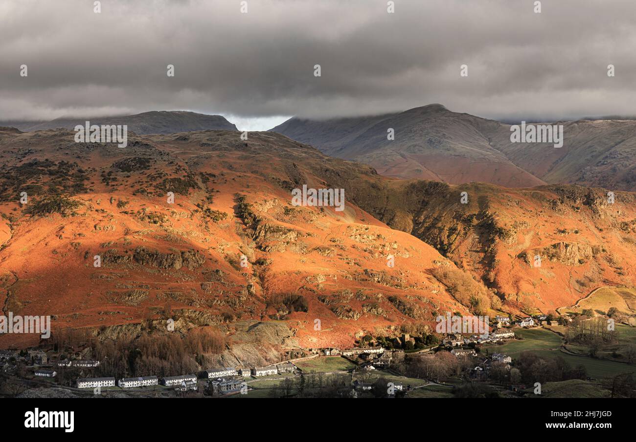 Chapel Stile in the Great Langdale Valley from Lingmoor Stock Photo