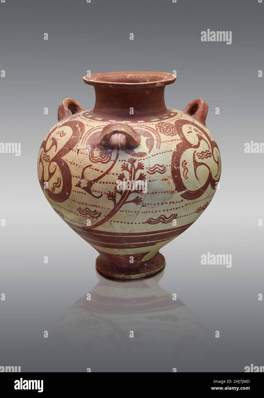 Mycenaean pottery - Terracotta  jar with marine design and handles. 1180-1150 BC. Mycenaean Epidauros necropolis.  Nafplio Archaeological Museum.  Aga Stock Photo