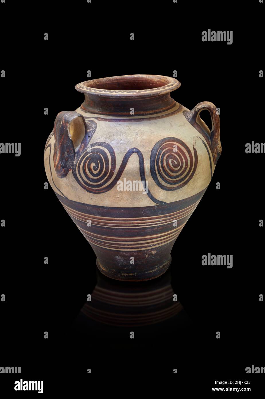 Mycenaean pottery - Terracotta periform palace style jar with swirl design . 1400-1300 BC. Mycenaean Epidauros necropolis.  Nafplio Archaeological Mus Stock Photo