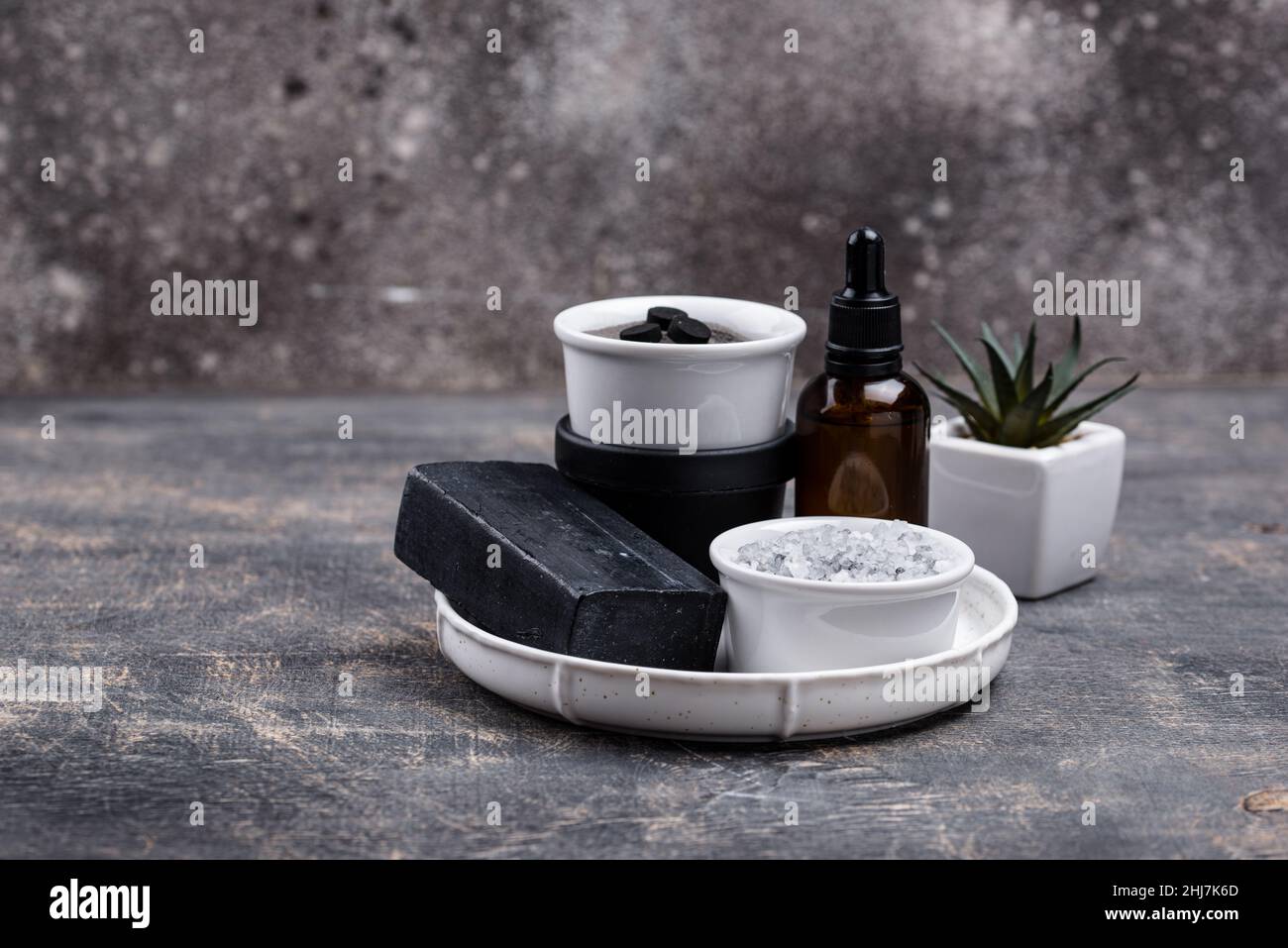 Set of black charcoal detox cosmetics Stock Photo Alamy