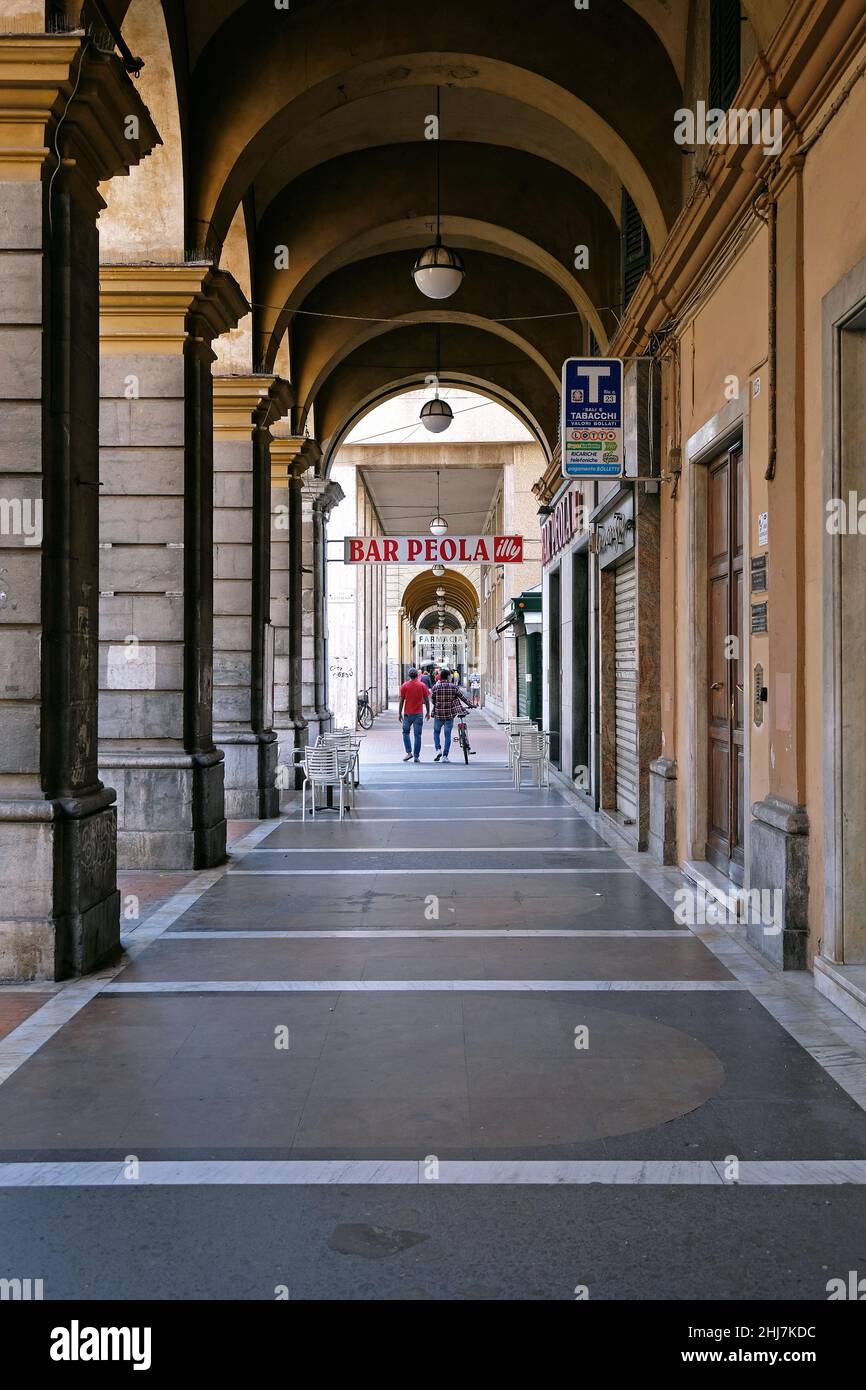Archways on Via Domenico Chiodo in La Spezia. Stock Photo