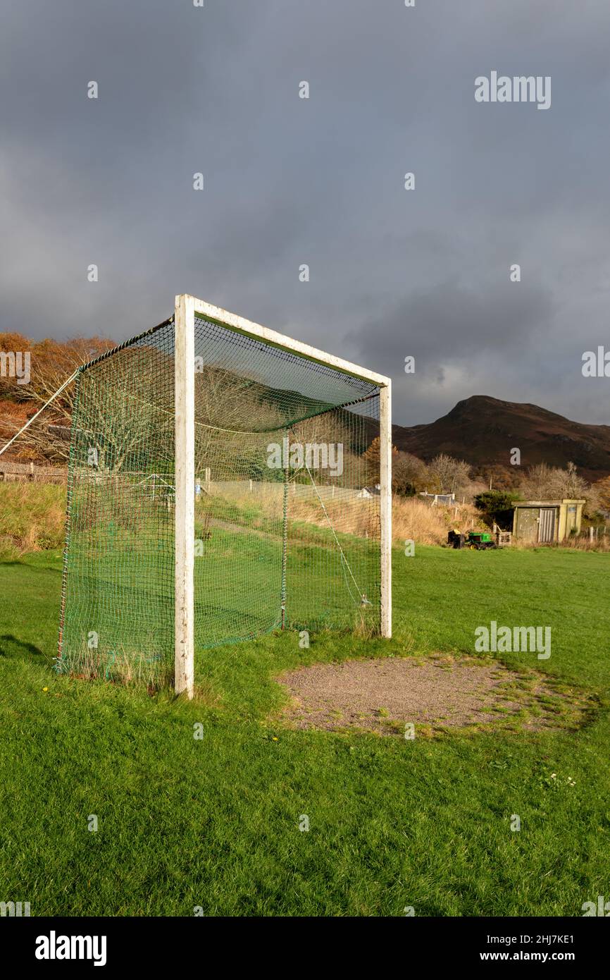 The goal mouth of the sport of shinty, played primarily in Scotland.  These goals are at Kirkton, the home of Kinlochshiel Shinty Club for may years. Stock Photo