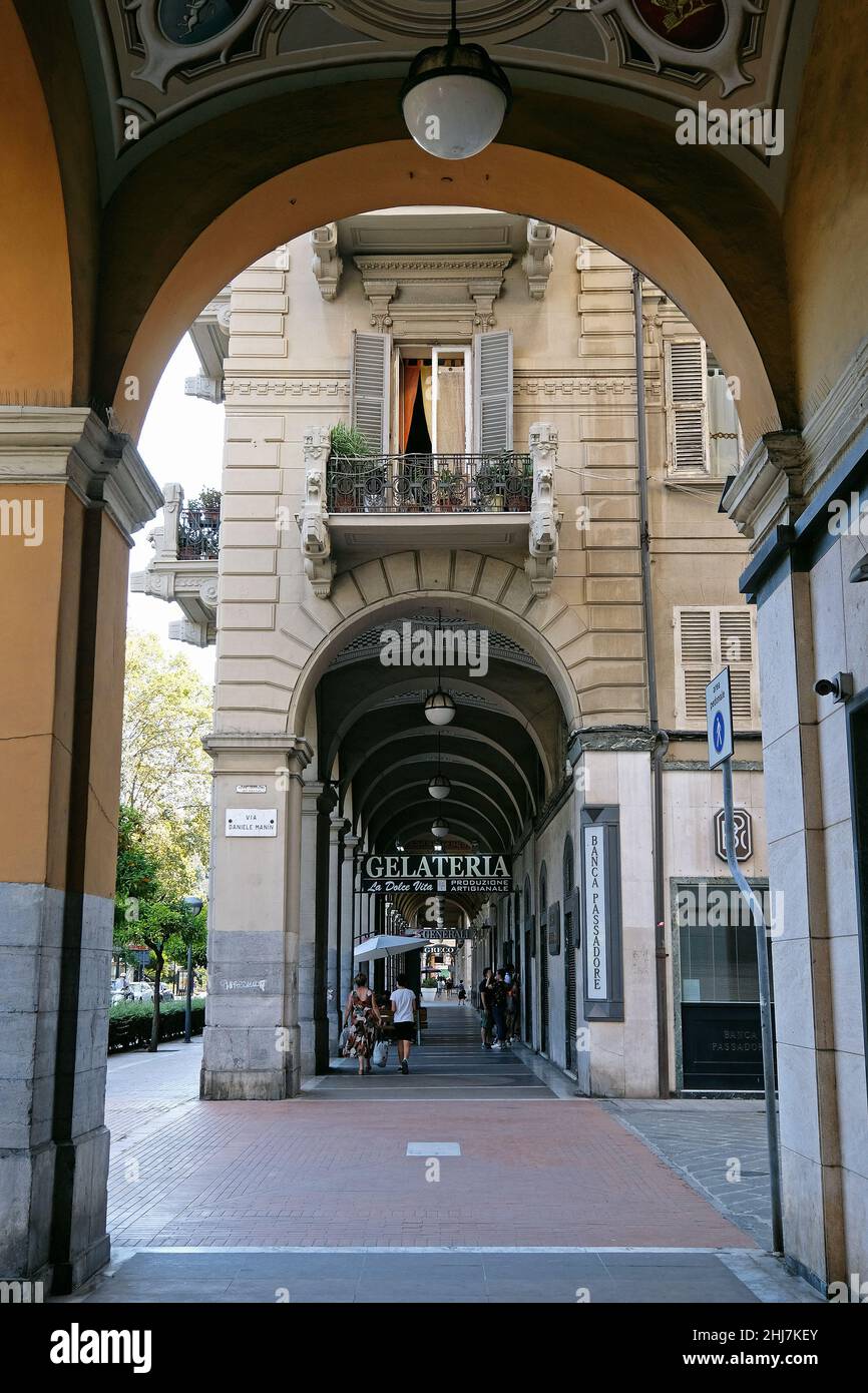 Archways on Via Domenico Chiodo in La Spezia. Stock Photo