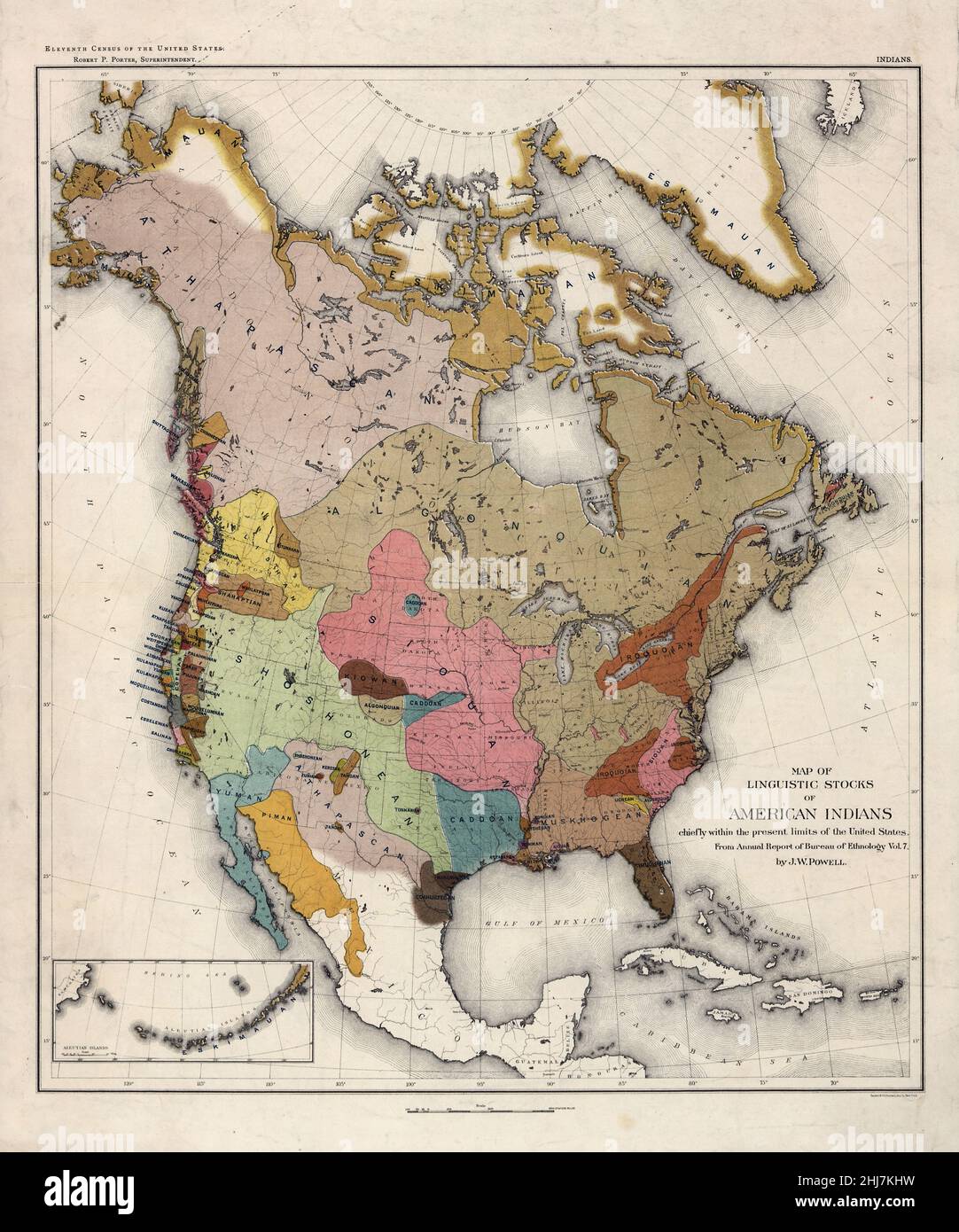 Map of linguistic stocks of American Indians., 1890. Created by Powell, John Wesley, 1834-1902. Stock Photo