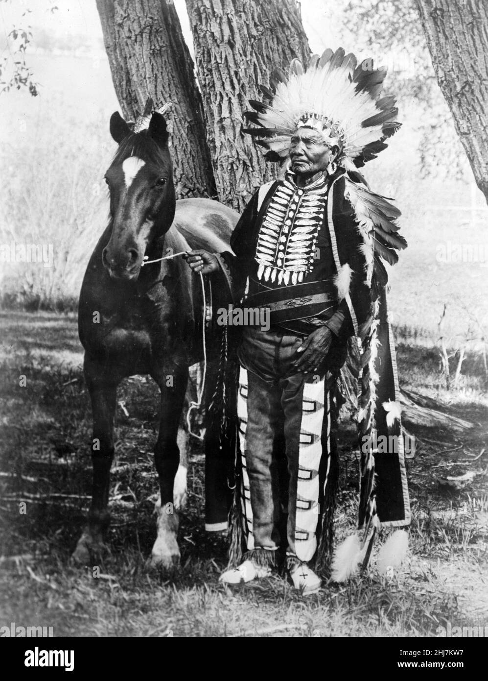 Photograph of native american Chief Ignacio and his horse, by Frank S. Balster, Durango, Colorado. c 1904. Stock Photo