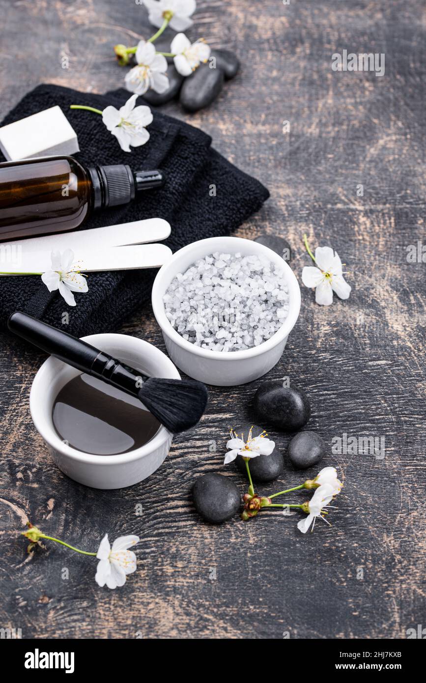 Set of black charcoal detox cosmetics Stock Photo Alamy