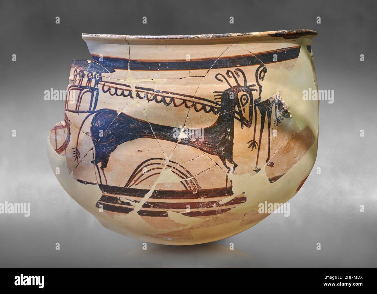 Mycenaean pottery - Krater fragment depicting a horse and chariot scene, Tiryns, 1400-1300 BC. Nafplion Archaeological Museum.  Against grey art backg Stock Photo