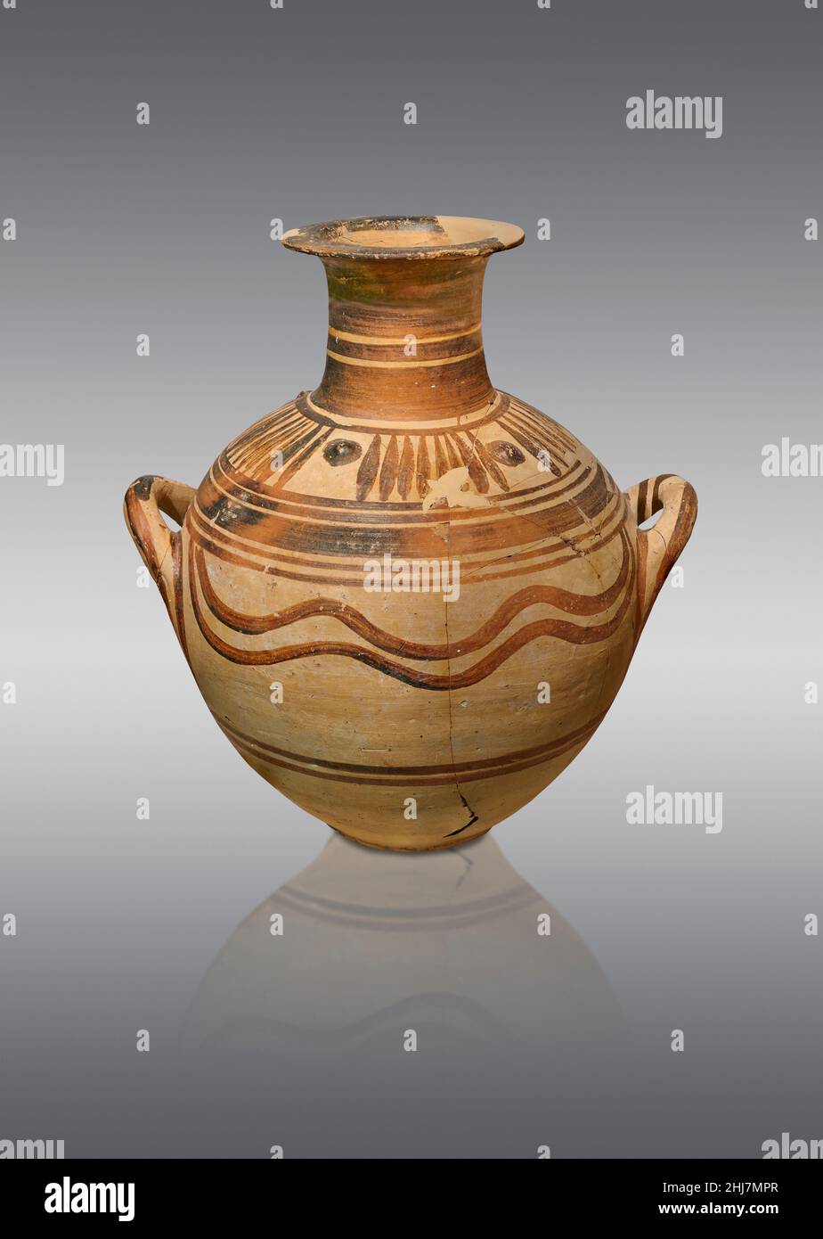 Mycenaean pottery - Terracotta Amphora with geometric designs, Epidaurus, 1100-1050 BC. Nafplion Archaeological Museum. Against grey background. Photo Stock Photo